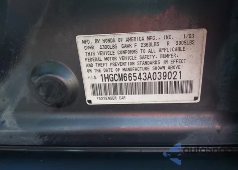 2003 Honda Accord 3.0 Ex из США, поврежденный, VIN 1HGCM66543A039021